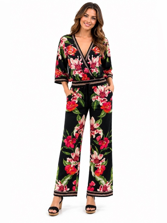 Tops - 2PC Free Market Women’s Size S Floral Wrap Crop Top & Pants Black Pink Boho